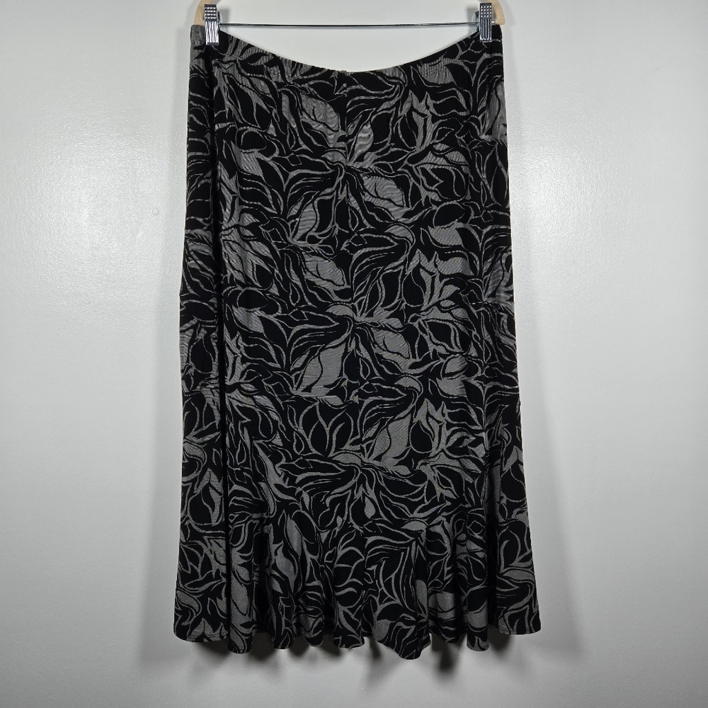 Chico's Travelers Black Gray Abstract Floral Leaf Print Slinky Midi Skirt XL